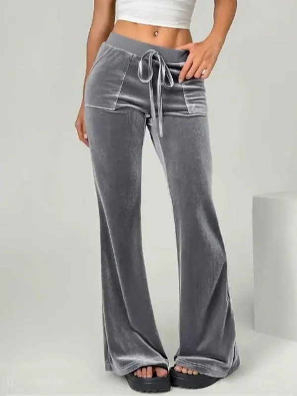 Women High Waist Drawstring Velvet Flare Pants Elastic Waist SidePockets Soft Velour Bootcut Bell Bottom Sweatpants Casual LoungeTrousers, Multiple Colors Available