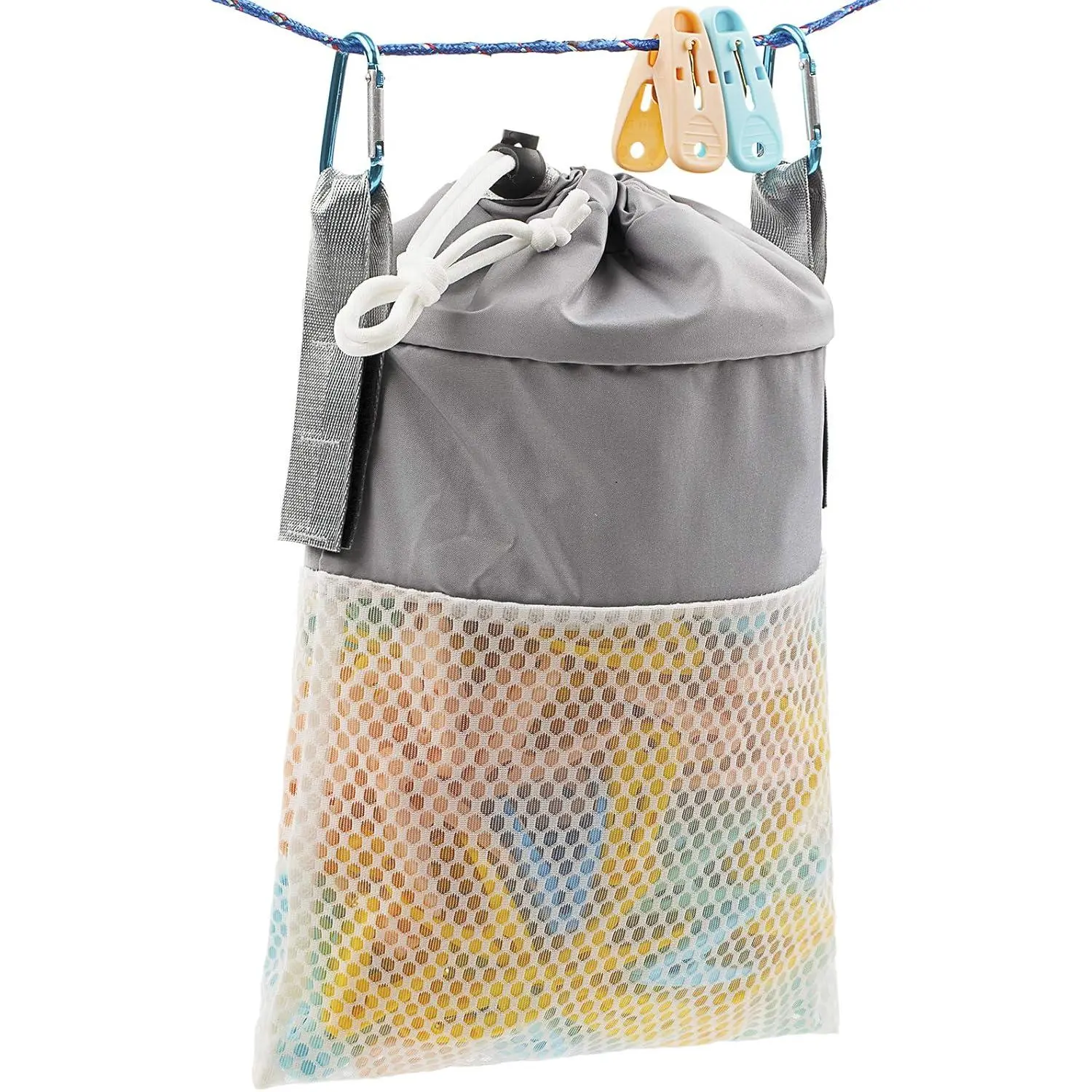 Mesh Clothespin Bag Holder Outside, Multiple Hanging Methods Clothes Pin Bag with Drawstring Closure, Ventilation and  Resistance, Large-Capacity Clothespin Storage Organizer with Hooks