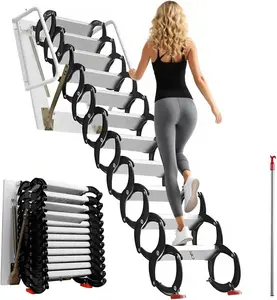 10-foot telescopic folding ladder, 12-section black/white interlocking aluminum-magnesium alloy ladder, dimensions: 27.5 x 23.6 inches, maximum load capacity 1,102 pounds, suitable for attics, warehouses, villa roof gardens