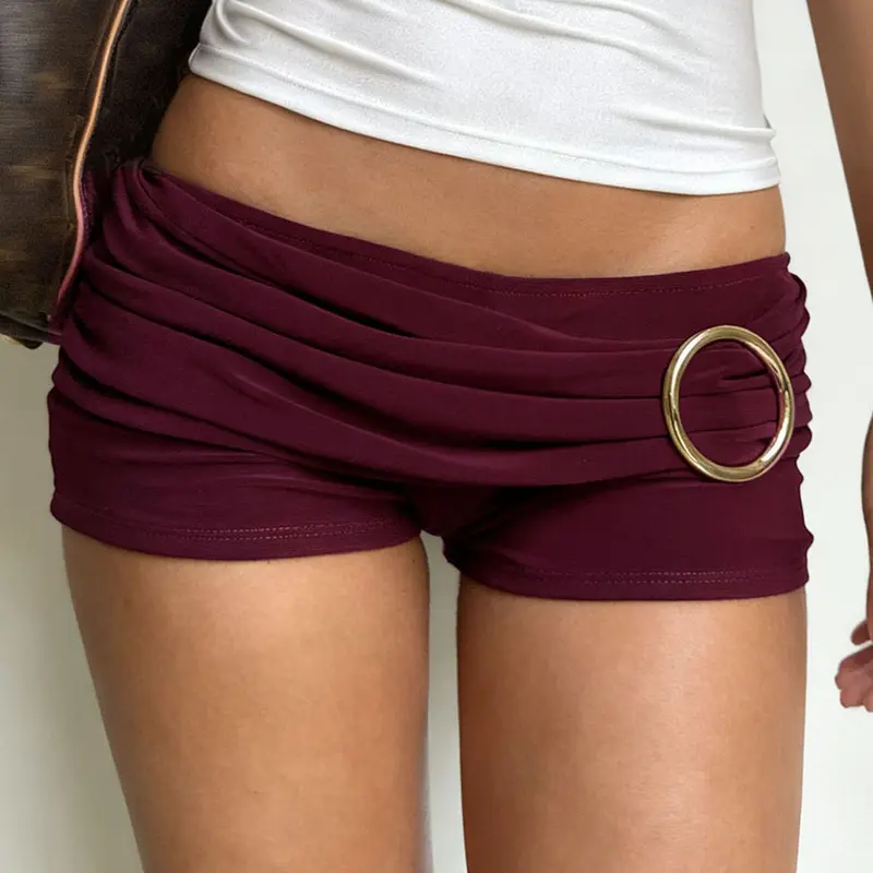 Women's Retro Metal Buckle Pleated Low Waist Shorts, Wine Slim Fit Casual Fashion Hot Pants for Fall & Winter, Bohemian Casual Shorts, Casual Boho Shorts, Casual Fashionable Shorts