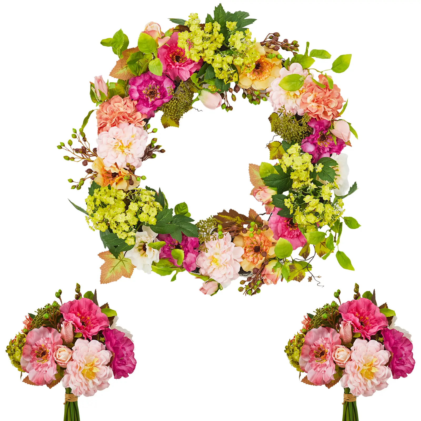 Spring Peony & Hydrangea Wreath, Artificial Floral Wreath with Greenery and Real Rattan Base, Year-Round Farmhouse Decor for Porch, Wall, Entryway, 18/22/24 Inch