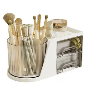 Desktop Organizer Box, 360° Rotating Pen Holder with 2 Drawers, Multi-Functional Desk Storage, Office, School, Home Use, Cosmetics Storage