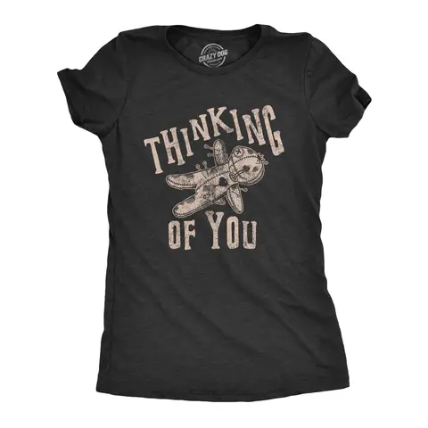 Womens Thinking Of You T Shirt Funny Voodoo Doll Graphic Novelty Tee Funny Womens T Shirts Cute Vintage Graphic Tee Halloween Costume Tops for Women Funny Sarcastic Top Women's Novelty Tees Black