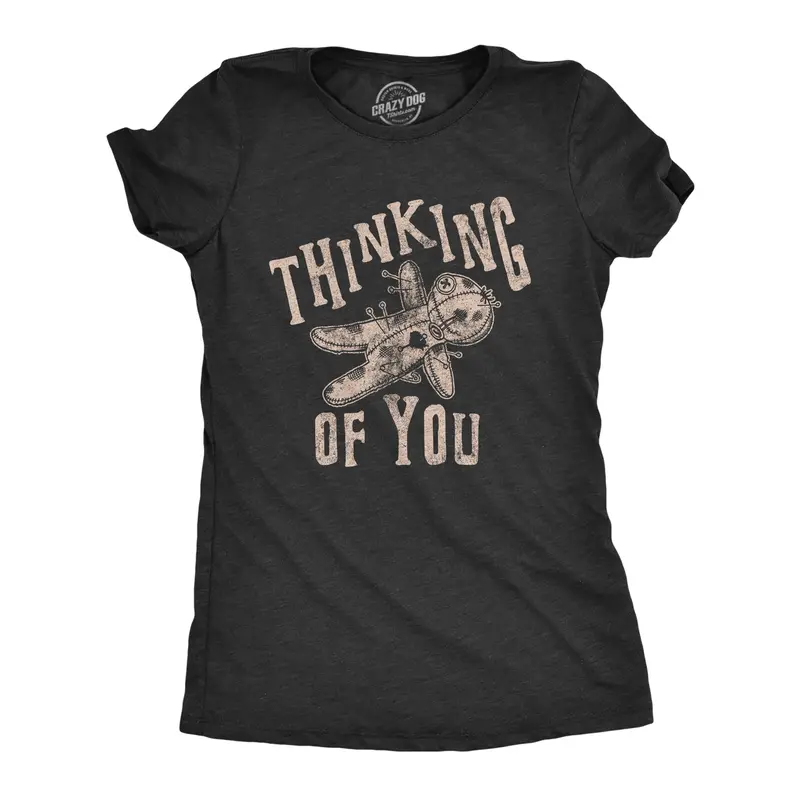 Womens Thinking Of You T Shirt Funny Voodoo Doll Graphic Novelty Tee Funny Womens T Shirts Cute Vintage Graphic Tee Halloween Costume Tops for Women Funny Sarcastic Top Women's Novelty Tees Black