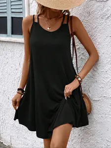 Women's Plain Minimalist Aesthetic Sleeveless Spaghetti Strap Dress, Short Fitted Summer Top, Casual Daily Wear, Comfortable & Stylish Design