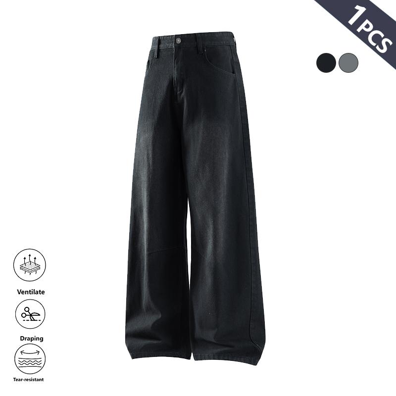 Clean Gent Men's Vintage Washed Loose Straight Jeans, Casual All-Season Trousers, Street Style, Zipper Fly, Solid Color Pattern, Everyday Denim Pants