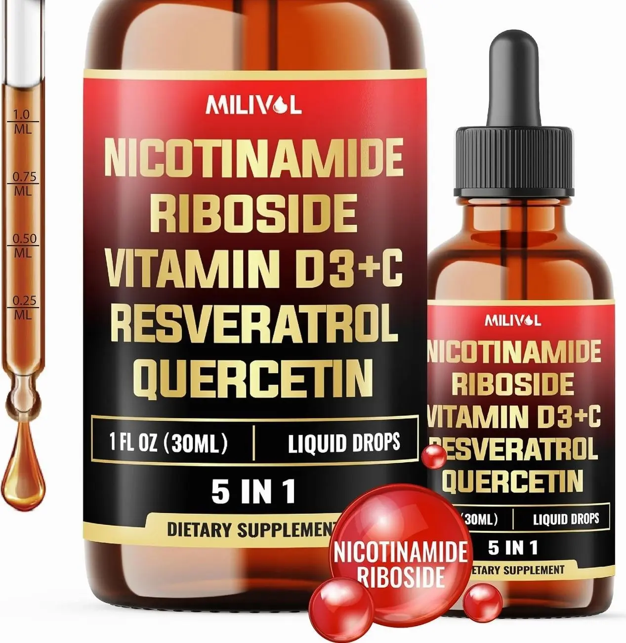 5in1 NAD+ Liquid Drops w/Nicotinamide Riboside NR 900mg, Quercetin 500mg, Trans-resveratrol 500mg, Vitamin D3-C - Cellular Energy & Repair, Vitality, Healthy Aging - 1FL Oz - 1 Month Supply