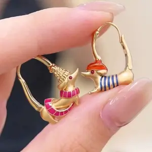 Cute Dachshund Dog Hoop Earrings Mismatched Enamel Sausage Dog Huggie Dangles for Women Girls Gift