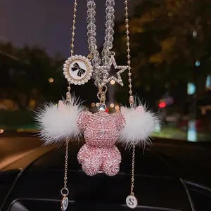 Letter Optional Inlaid Diamond Sitting Bear Car Pendant Creative Personality Mink Fur Car Rearview Mirror Ornament Fashionable for Women