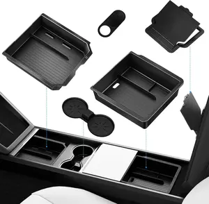 5-Piece Premium Tesla Interior Organizer Set Includes 2 Console Organizer Trays 1 Cup Holder 1 Hidden Armrest Storage Box 1 Camera Cover for Model 3 Highland 2024 2025 Model Y Juniper 2025