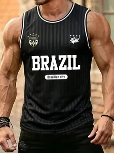Men's Mesh Brazil-Themed Basketball Jersey Tank Top, "BRAZIL" Crest Print Breathable Quick-Dry Athletic Top, Lightweight Workout Vest, Ideal for Gym, Basketball & Urban Street Style
