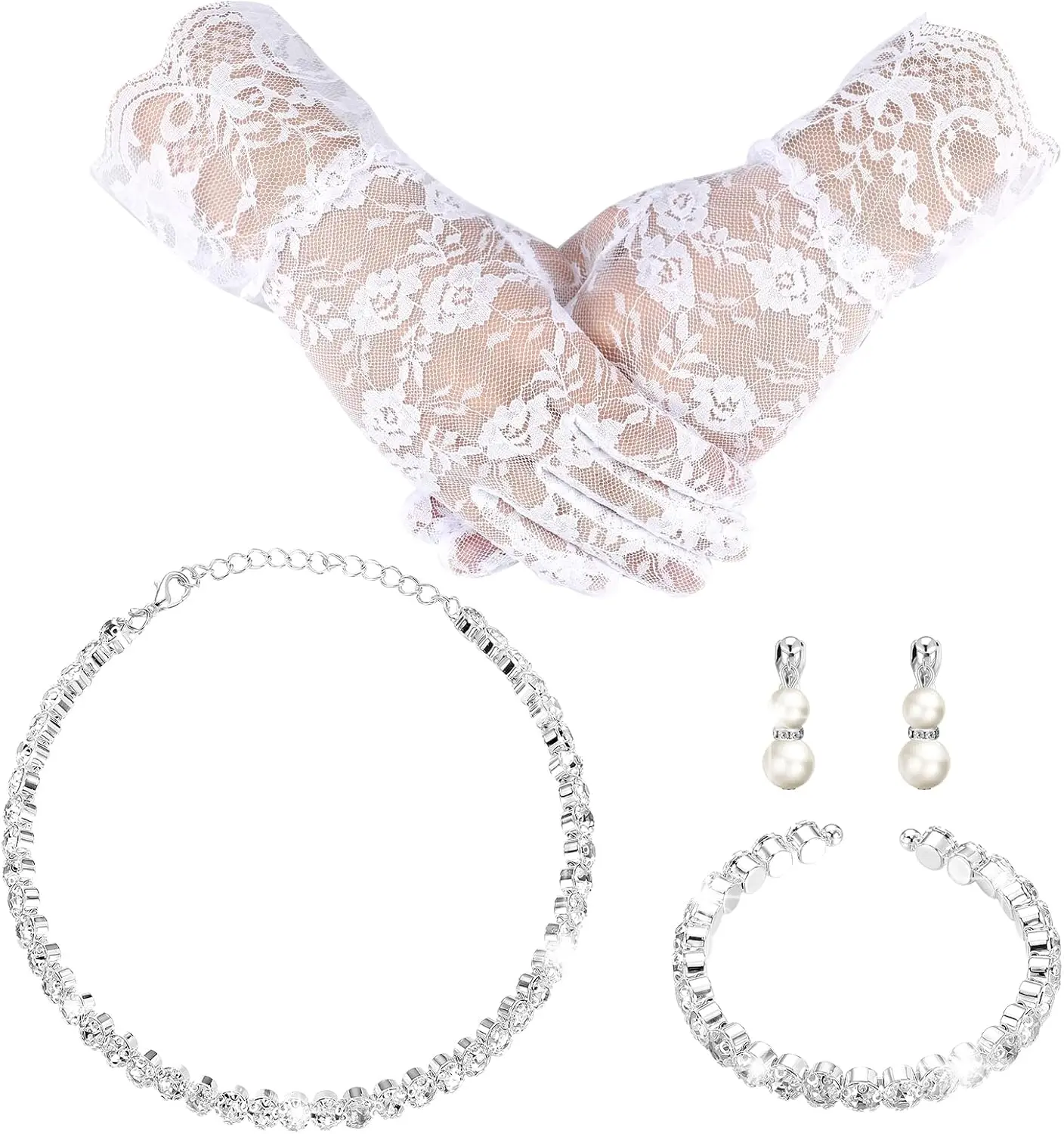 Newcotte 4-Pcs Pearl Jewelry Set with Pearl Chain & Communion Glove for First Communion, Wedding