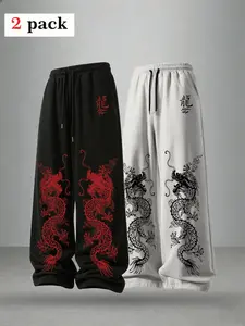 Men's Loose Fit Y2K Trendy Soft Comfy Sweatpants, Japanese Dragon Pattern Casual Sport Pants, Street Style Wide Leg Joggers, Pack of 2