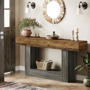 TRIBEWOOD 63-Inch Long Console Table, 2-Tier Entryway Table Sofa Table with Storage, Farmhouse Wood Behind Couch Tables for Living Room, Hallway