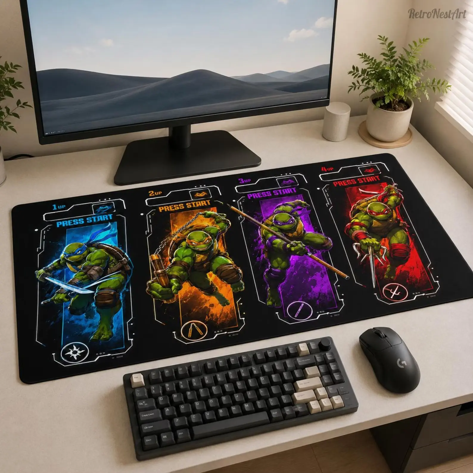 Retro Arcade Ninja Desk Mat, 4 Player Neon Gaming Mouse Pad, Action Hero Playmat for Gamer Setup, Colorful Comic Turtle Warrior Large Pad