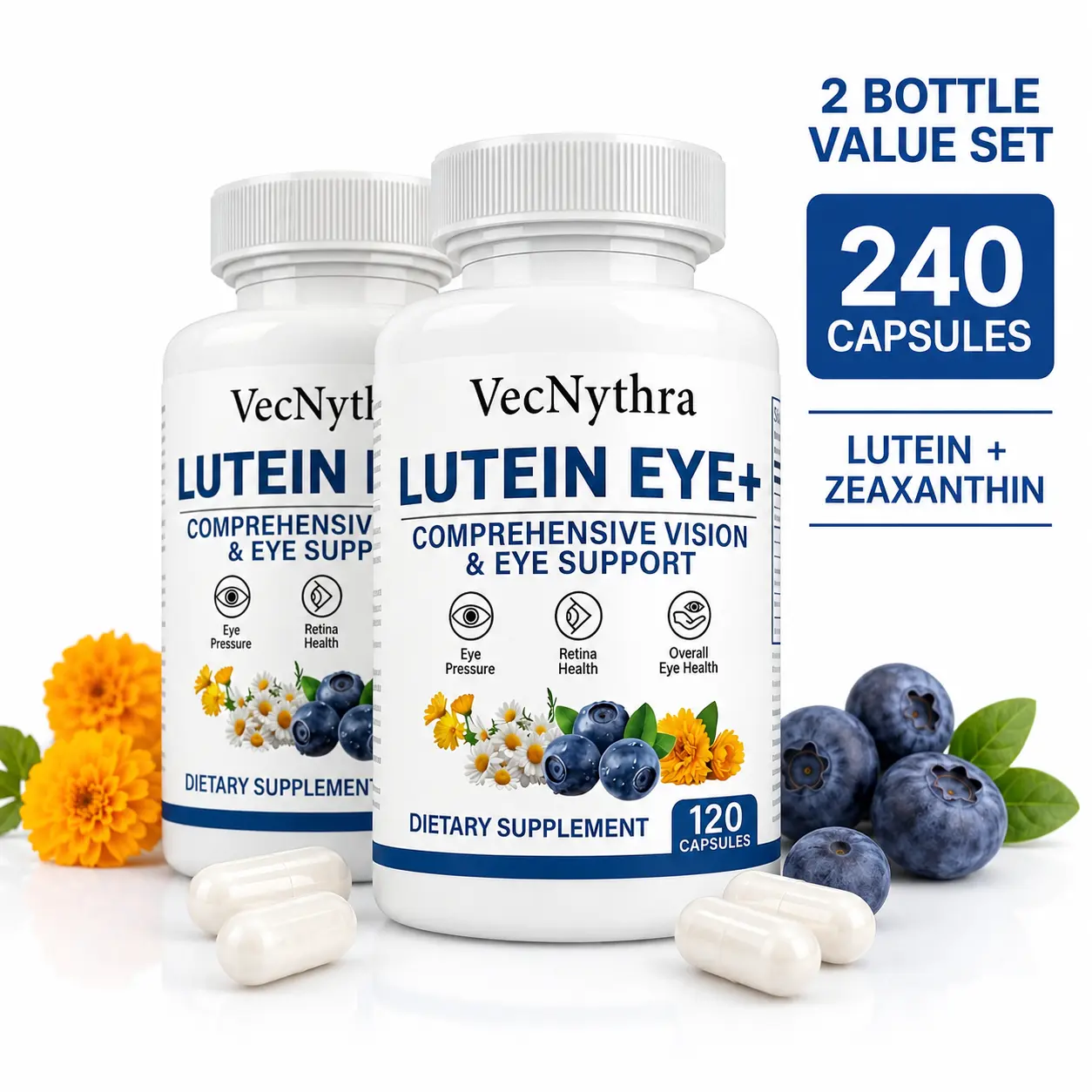 VecNythra Lutein & Zeaxanthin Eye Vitamins for Adults, Daily Vision Wellness Support, 2 Bottles, 240 Capsules