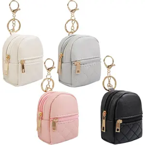 4Pcs Mini Backpack Keychain,Cute Cosmetic Bag for Women Christmas Gifts,PU Leather Makeup Bag Key Pocket Lipstick Bag Card Holder Data Cable Organizer Zipper Pouch (black beige pink gray)