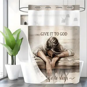 LVRLVR 1pc Healing Style Wood Tone Give It To God Pattern Polyester Double Layer Lined Shower Curtain 70.874 Inches/180188cm