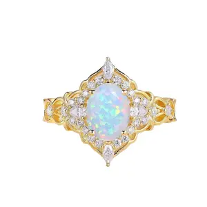 Art Deco Oval White Opal Engagement Ring in Solid 18k Gold with Celtic Double Moissanite Halo – Nature-Inspired Fire Opal Promise Ring, Handmade Bridal Band, Gift for Wife, Anniversary Jewelry, Dainty Wedding Ring