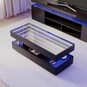 Modern LED Coffee Table with Hidden Storage, 47.2'' Black Glass Top Coffee Table with RGB Lights for Living Room