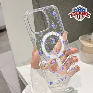 Magnetic Phone Case for iPhone 15 Plus 16 Pro Max 16E 14 13 12 11 X XS XR Simple full screen purple flowers Pattern TPU Shockproof Anti-Scratch Stylish Smartphone Cover