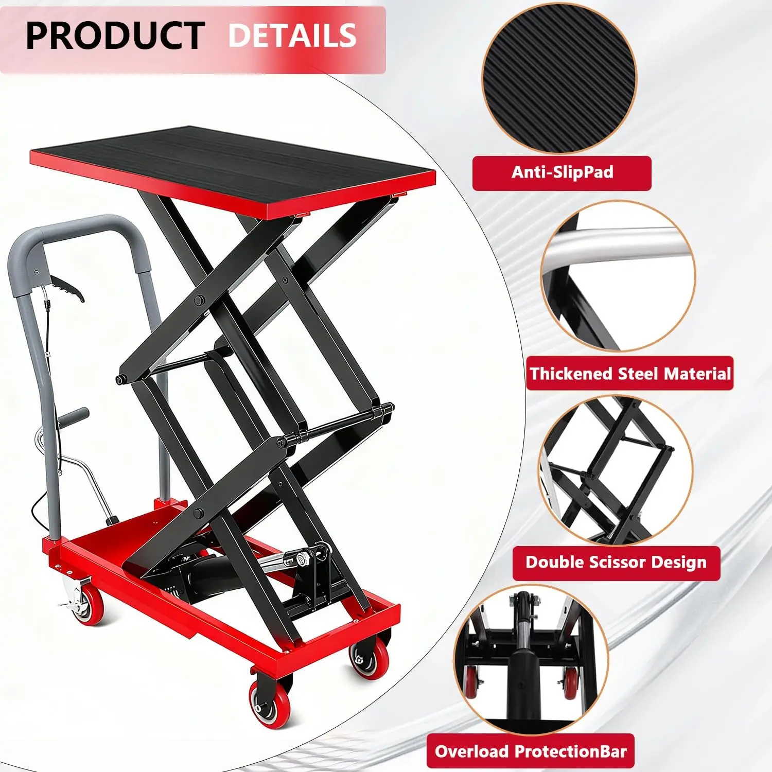 Garvee Hydraulic Double Scissor Lift Table Cart – 50" Max Lifting Height – 330 lbs Capacity – Manual Operation, Non-Slip Pad, Locking Wheels – Durable Material Handling Platform