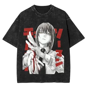 Casual Aki Metal Chainsaw Man  Vintage7 Washed T Shirt Men O-neck Short Sleeve Tops Denji Makima Aki Kobeni Cotton Summer Tops         YWQ 6Z8