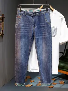 Men's Vintage Washed Denim Jeans, European Bohemian Embroidered Slim Straight Leg Casual Pants, All Seasons Street Style