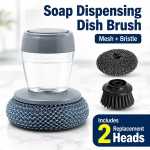 Soap Dispense Palm Scrub Brush with 2 Replacement Heads | Heavy Duty Dish Scrubber with Soap Resevoir, Ergonomic Kitchen Cleaning Tool for Cookware, Pots & Sink