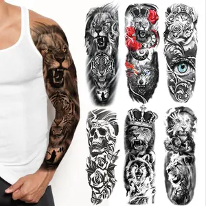 Lion Skull Flower Pattern Temporary Tattoo Sticker, 6 Sheets Long Lasting Fake Tattoo Sticker, Party Accessories Body Art Sticker for Men & Women