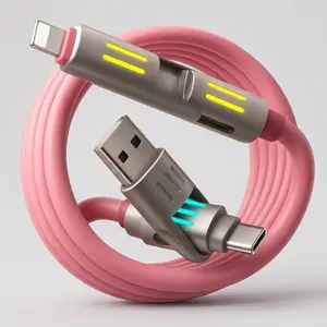 240W 4-in-1 USB C Multi Charger Cable with LED Indicator PD 5A Fast Charging & Durable Silicone USB-A USB-C iOS Connectors for iPhone Samsung