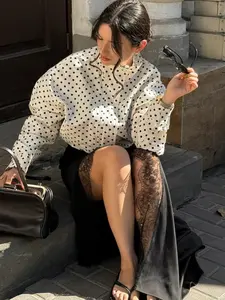 Women's Polka Dot Print Stand Collar Long Sleeve Adjustable Drawstring Front Zipper Pocket Short Jacket Coat, Stylish Casual Outerwear for Daily Wear