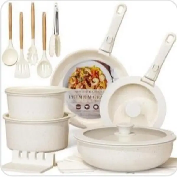 Astercook 21 Pcs Cream White Non Stick Ceramic Cookware Set with Detachable & Removable Handles Oven Safe Induction Ready Stackable Pots and Pans Set