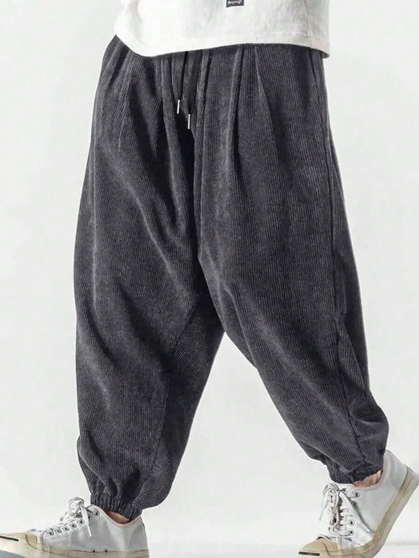 Men’s corduroy jogger pants, washed distressed harem style, drawstring waist, drapey casual long pants