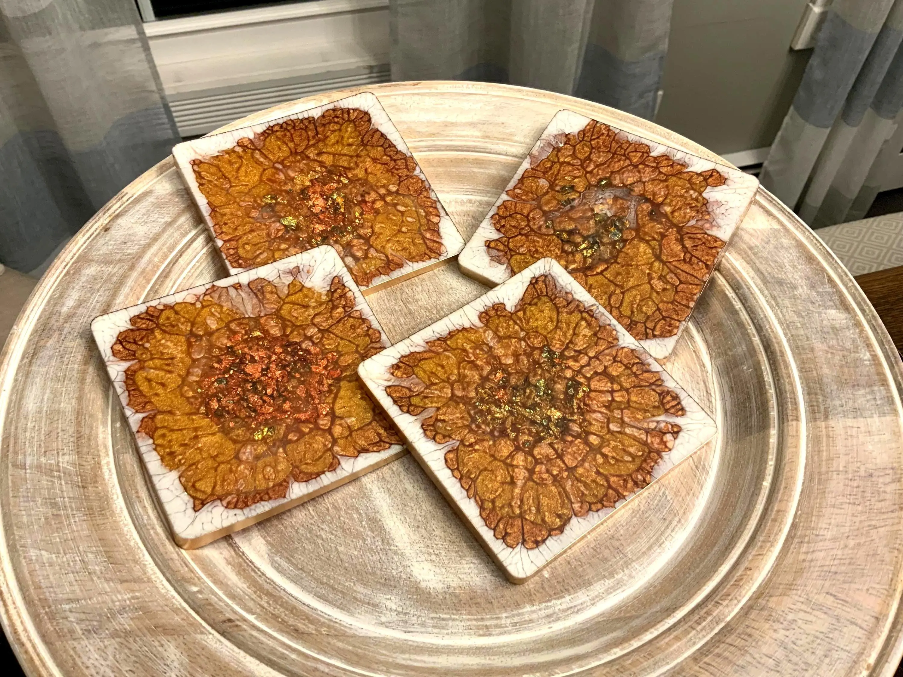 Handmade Resin Coaster Set - 4-Piece Glam Gold Luxe Swirl Design, Bronze & Emerald Accents, Hand Wash Kitchen & Dining Tableware, Ideal Hostess Gift