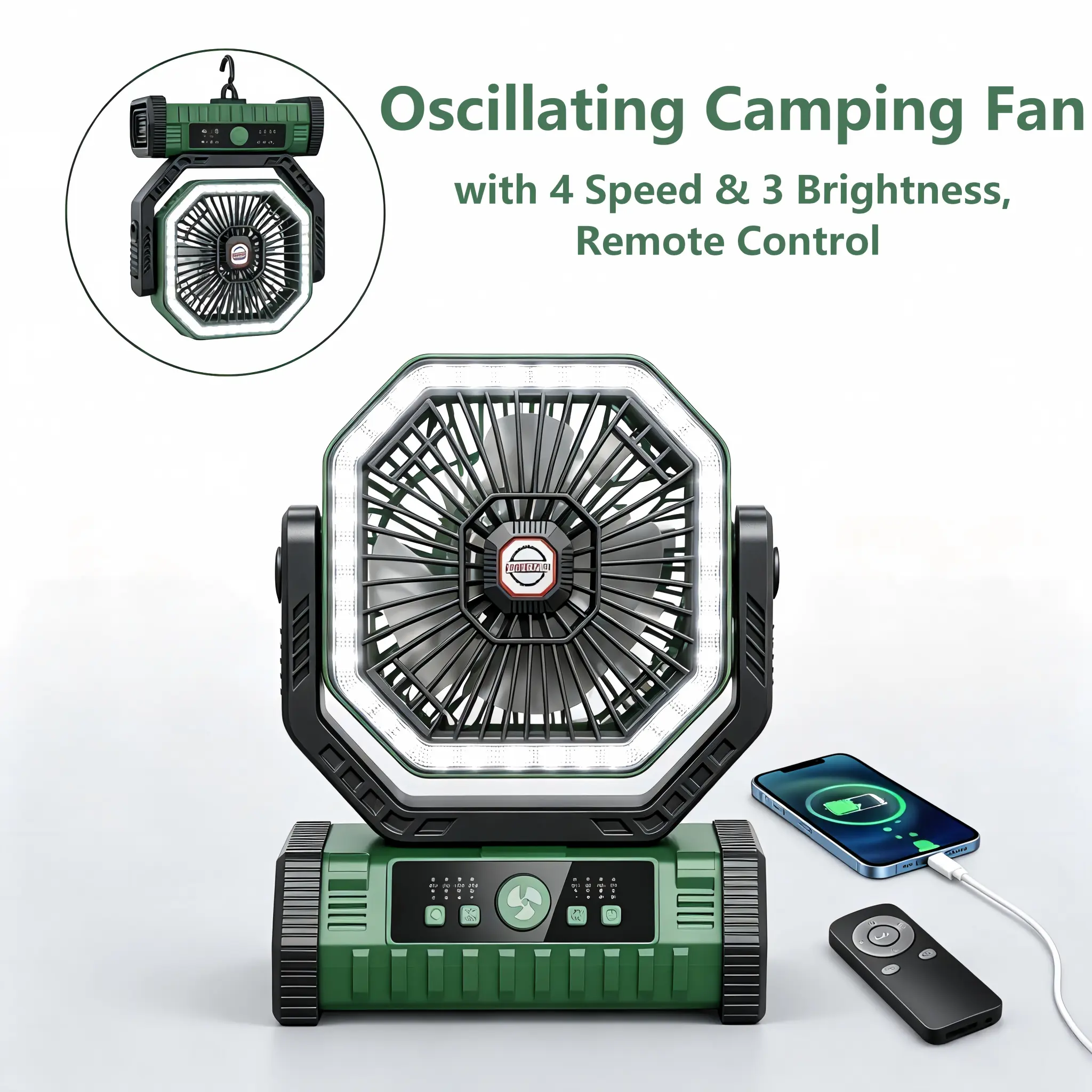 DAYBETTER Oscillating Camping Fan with LED Lantern - 20000mAh Rechargeable Wireless Compact Portable Fan for Outdoor Users, 4 Wind Speeds, 3 Light Brightness Levels, Timer, Remote Control, Tent/Car Travel Emergency Gear