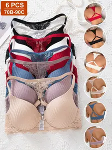 6-Pack Seamless Comfortable Smooth Women's Lingerie, Underwire Striped Bra Buckle, Fitted Medium Support, All Seasons, Elegant Design, Breathable, Chic