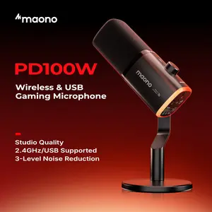 Maono PD100W Wireless & USB gaming microphone for podcast recording, meeting, dynamic RGB mic with quick mute, headphone jack, gain knob, volume control, desktop mic for PC Gamer. widely compatible with PCs, smartphones, laptops, PS4, and PS5.