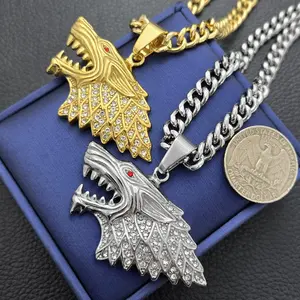 Men's Wolf Head Iced Stainless Steel CZ Charm Pendant & 6mm 20" 24" 30" Cuban Hip Hop Chain Necklace High Quality Polished