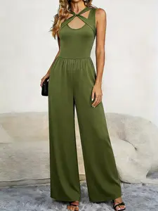 Women's jumpsuit solid color design V-neck sleeveless zipper closure elegant and comfortable suitable for everyday wear parties and evening events Fit