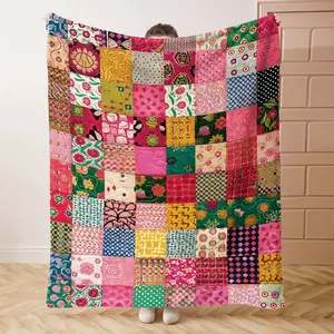 Bright Patchwork Flannel Blanket Floral Geometric Pattern Soft Warm Throw For Mid Century Modern Home Decor Bed Sofa Office Camping Dorm Essential Gift