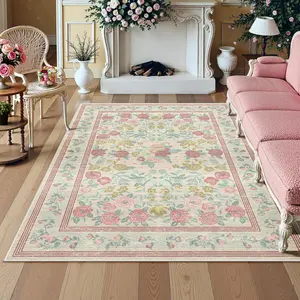 Romantic French Country Style Rose Carpet, Soft Velvet Non-Slip Pet Friendly Rug, Foldable Indoor Area Rugs for Living Room Bedroom Dining Table