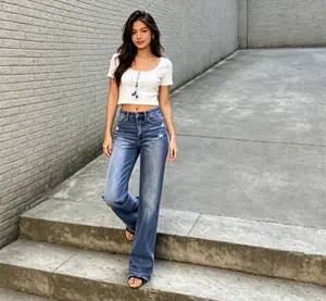 Women's Mid-Rise Tinted Wide Leg Jeans with Frayed Hem, Premium Fabric, Flattering Fit