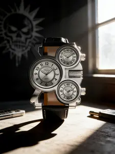 Men's Cool Personalized Watch, Asymmetric Three Dial Multi-Time Zone Design, Silver Color Crocodile Pattern Strap, Quartz Movement