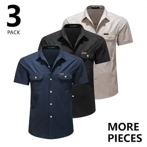 3-Pack Men’s Button-Down Shirts – Vintage workwear front pocket design, all-season casual shirts for outdoor wear, suitable for camping and hiking – Durable solid-color tops, relaxed fit