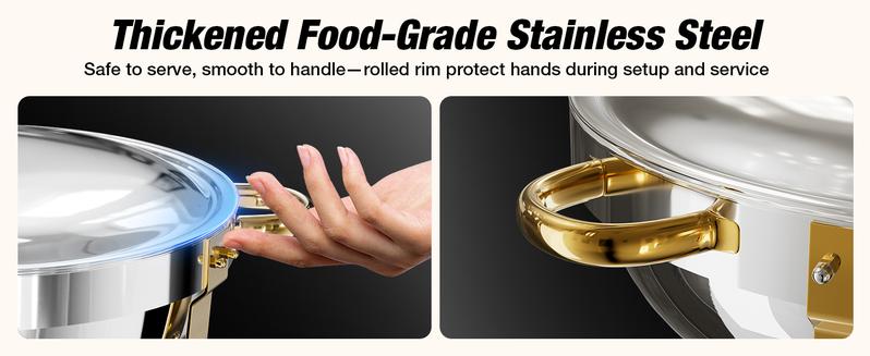 WARMOUNTS 5QT Gold Chafing Dishes for Buffet with Glass Lid/Stainless steel lid, Round Chafers and Buffet Warmers Set with Mirror-Polished Stainless Steel, Rolled Rim, Stackable, Lid Holder for Parties, Weddings（2/4/6 Pack）