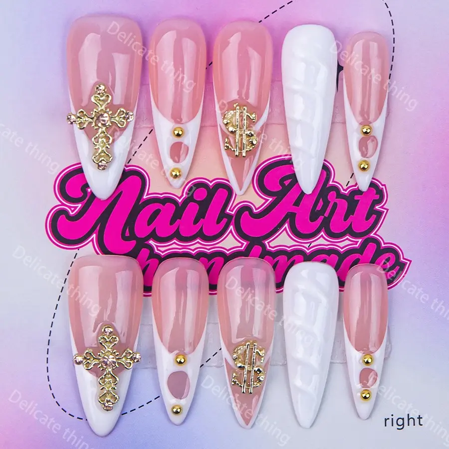 Delicatething  Y2K Style Long Sharp Fake Nail Tips, Decorative Nails, Handmade Wearable Nails, 4 Sizes XS S M L, Beads, Nail Art Design, Perfect Gift for Girls