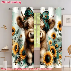 2D Flat 2Pcs Cute Fluffy Highland Cow Print Curtains with Sunflower & Leopard Spots, Farmhouse Style Semi-Shading Window Drapes for Living Room, Bedroom, Kitchen, Office, Home Decor, Privacy Protection.