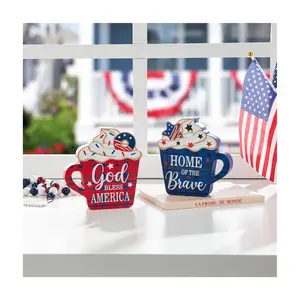 Glitzhome S/2 Patriotic Americana Coffee Cups Table Decor