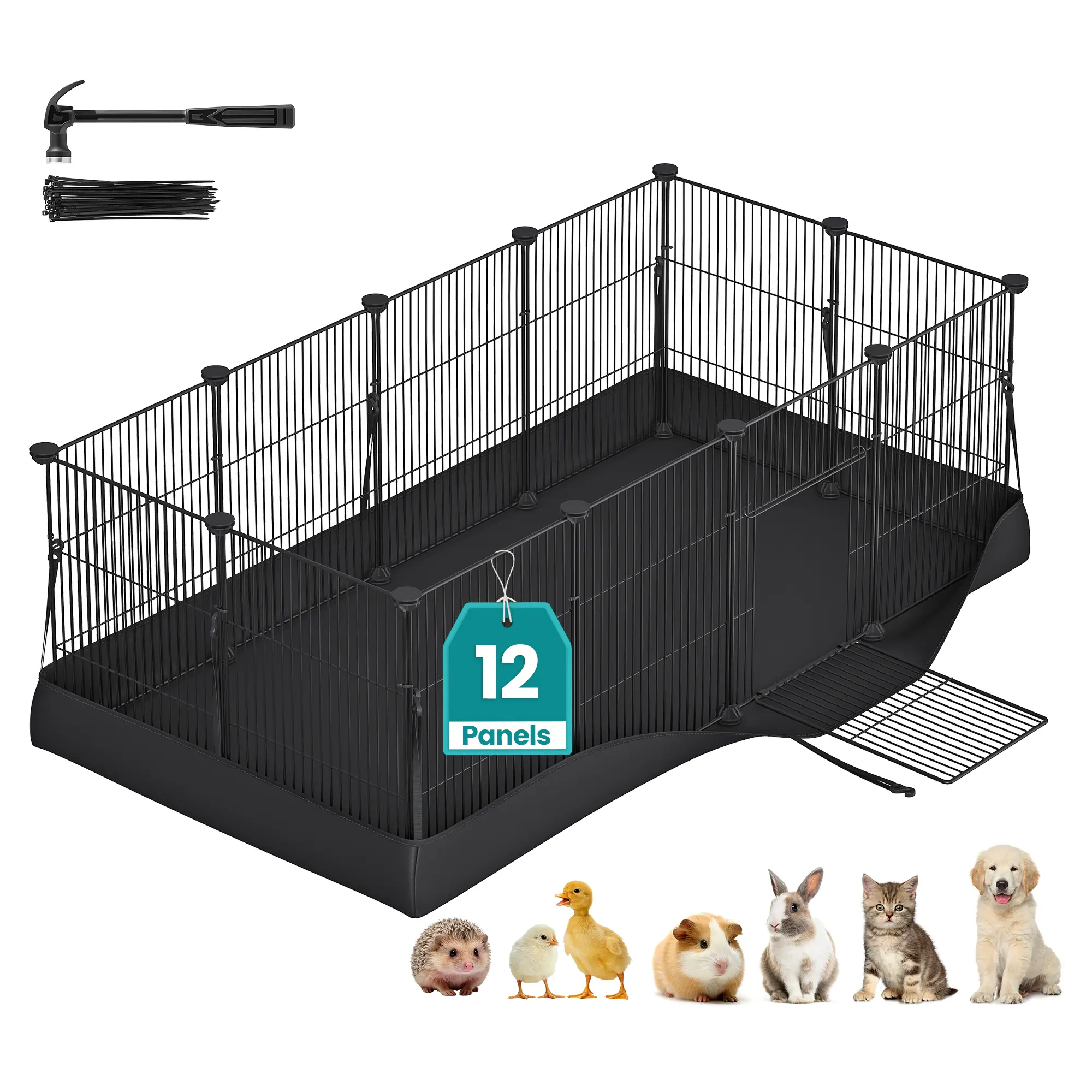SONGMICS Guinea Pig Playpen, Steel Wire Small Animal Enclosure, with Waterproof Mat and Door, 47.2 x 23.6 x 15.7 inch, Black, Indoor Pet Exercise Pen for Rabbit